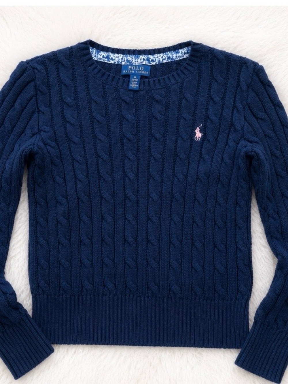 Polo Ralph Lauren Girls Cable Knit Sweater Navy Blue Pink Pony Size M (8–10)